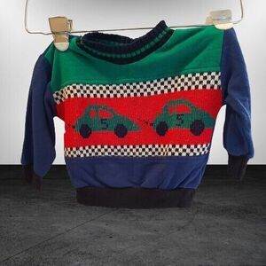 Vintage 80s The Club House Race Car Acrylic Knit Sweater 18 mo USA Color Block